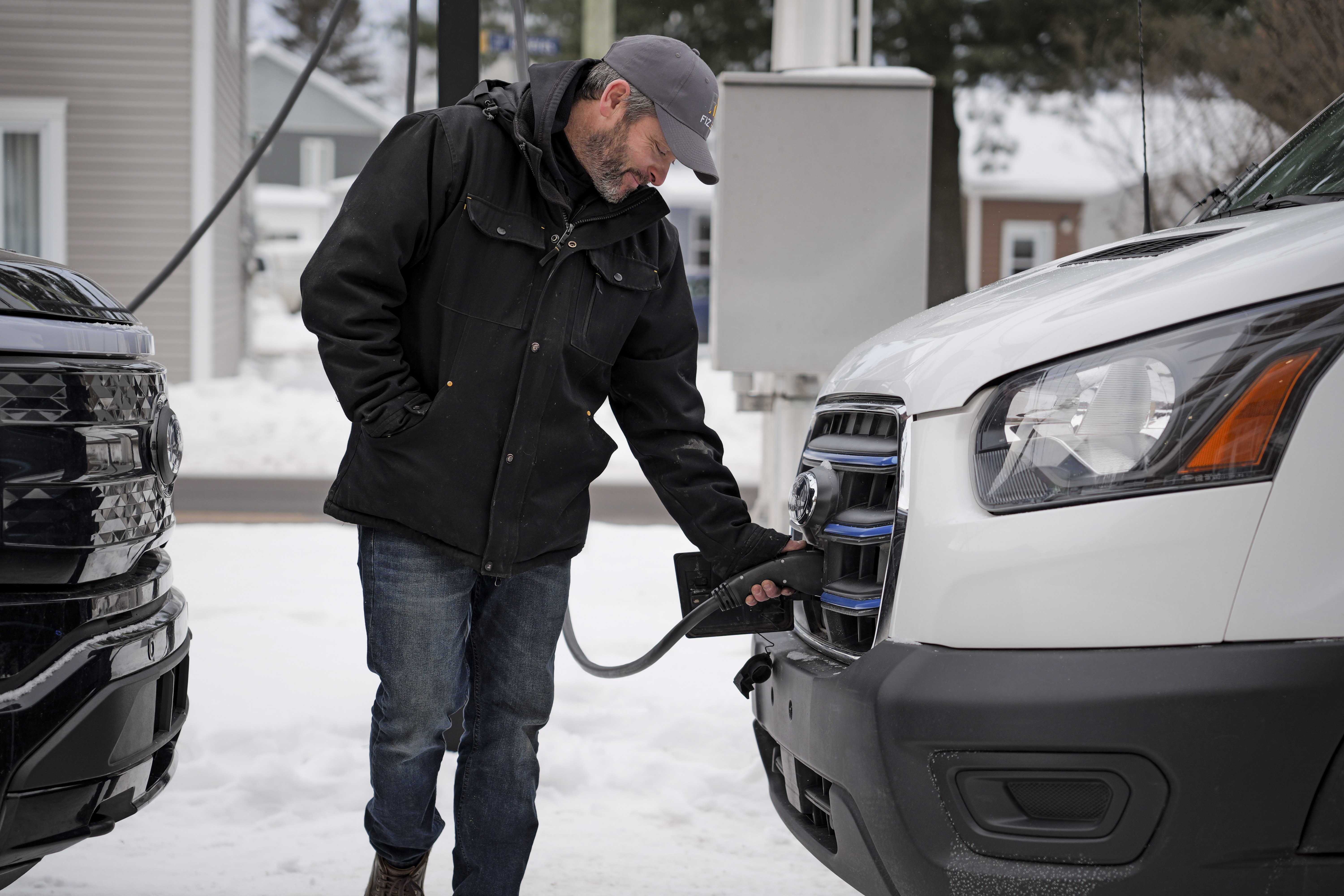 Alain Fiset of Fize Electrique uses Ford Pro E-Telematics to track EV range and efficiency. Even in the winter, the E-Transit vans have plenty of capability to meet his company's needs.